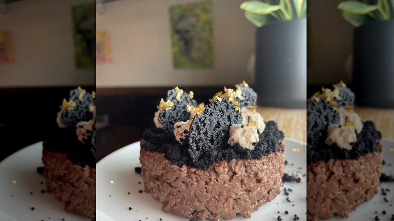 Chocolate cardamom rice pudding with mascarpone, lace cookie, and cocoa crumb served at Luna Fargo