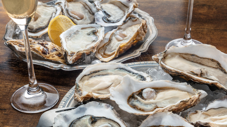 Trays of raw oysters on table with glass of wine