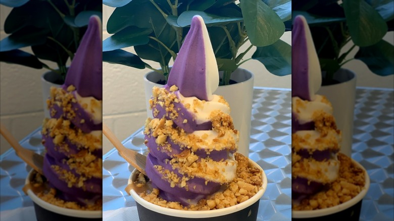 Soft serve sundae topped with roasted macadamia nuts in a cup