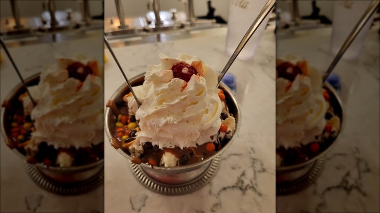 Peanut butter sundae with Reese's Pieces, whipped cream, and a cherry in a steel bowl