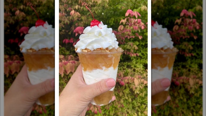 Apple pie sundae in clear cup with autumn foliage in background