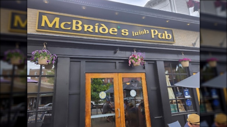 Front doors and sign of McBride's black and yellow building