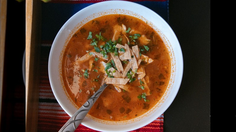 Bowl of chicken tortilla soup with spoon