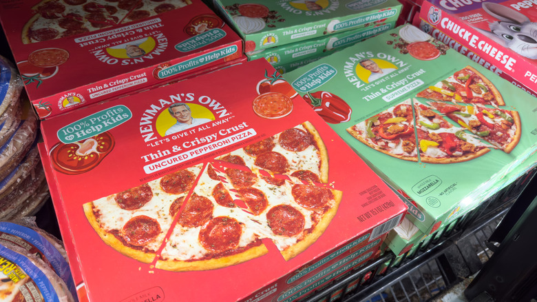 Newman's Own frozen pizzas at the grocery store