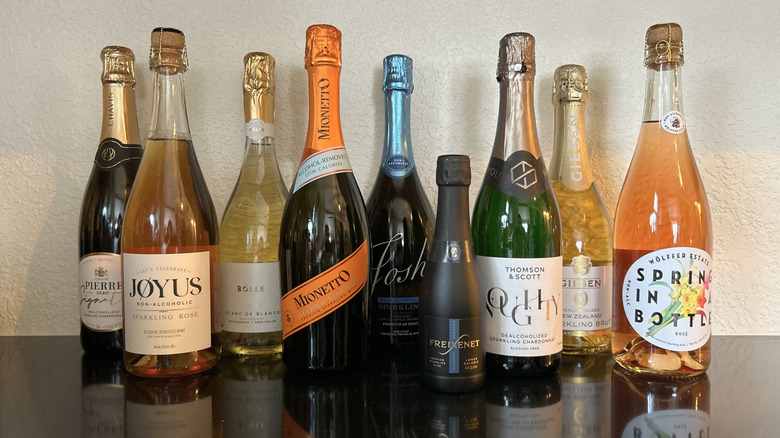 Bottles of non-alcoholic wines lined in a row