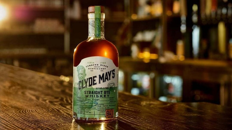 Bottle of Clyde May's rye on a bar