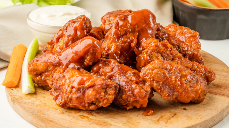 Hot chicken wings on a cutting board with ranch and veggies
