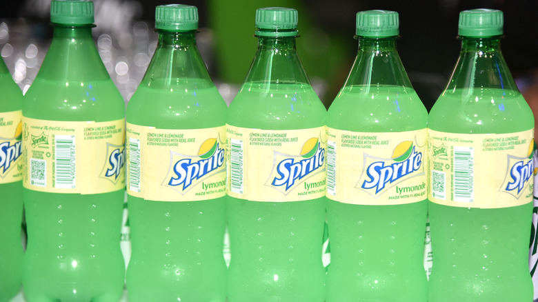 Bottles of Sprite Lymonade placed in a row