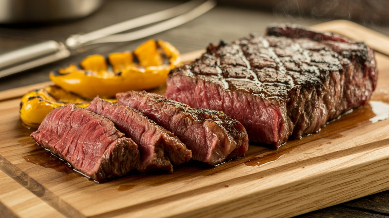 Grilled steak on wooden cutting board with grilled peppers