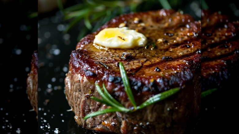 Close-up of a filet with butter and rosemary