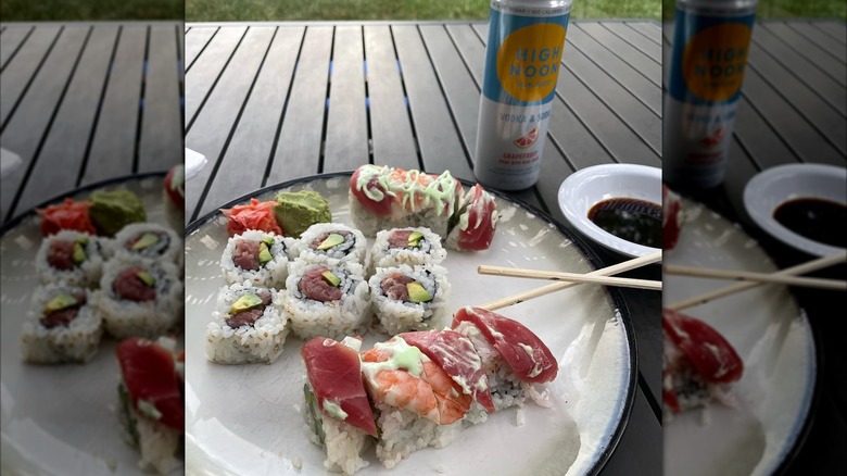 Sushi rolls topped with wasabi mayo