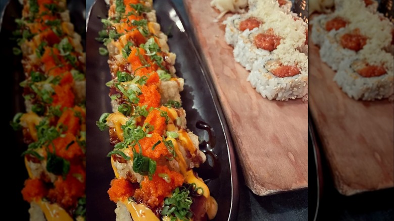 Caviar and green onion topped uramaki rolls