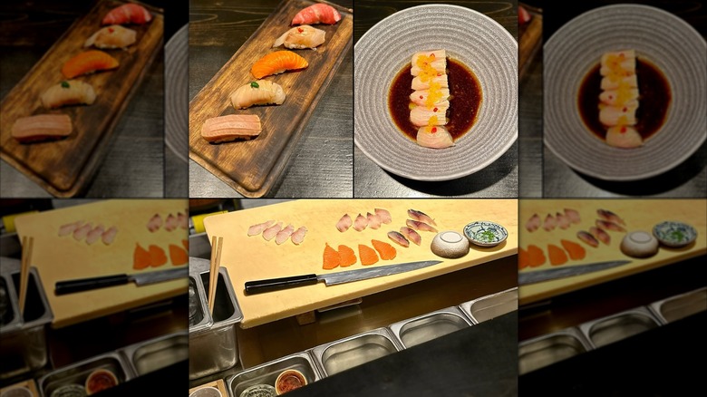 Collage of assorted prep for sashimi and nigiri at Yoshimoto