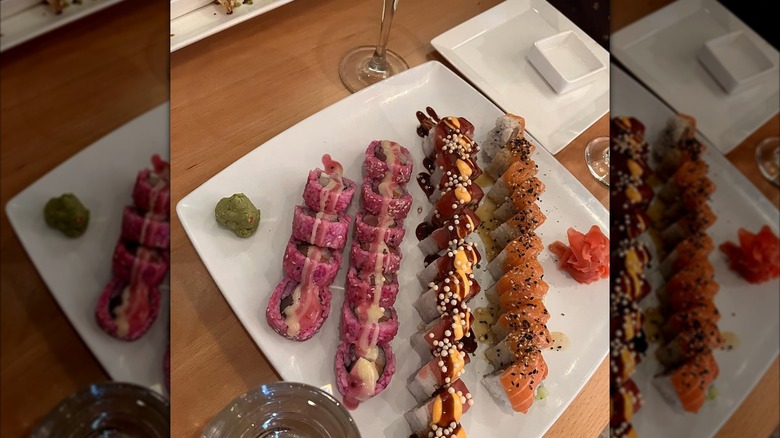 Platter of assorted, colorful uramaki rolls