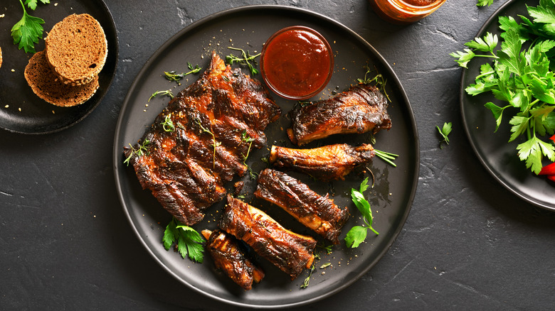 Plate of BBQ ribs.