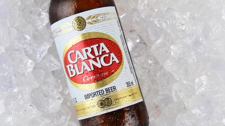 Close-up of a bottle of Carta Blanca beer resting on ice