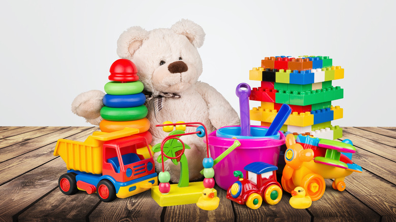 colorful toys and stuffed bear