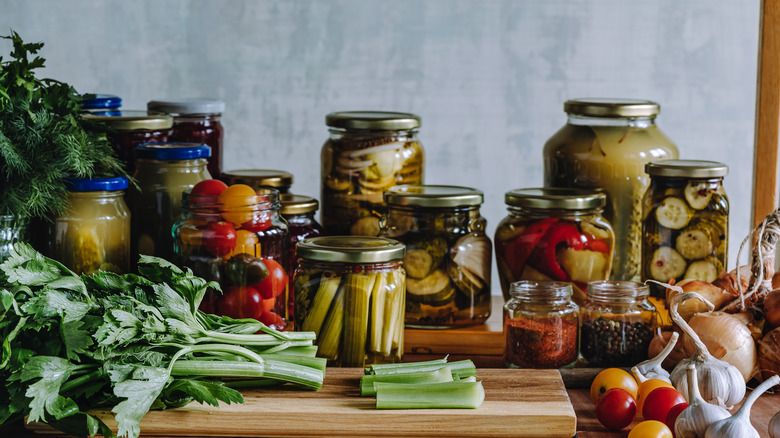 Various types of jarred pickles
