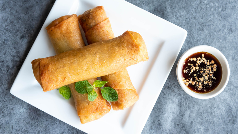 Square plate of egg rolls 