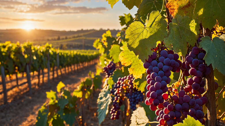 The sun over the horizon as sunlight glows over rows of vineyard grapes on a rolling countryside; ripe grapes on the vine in foreground.