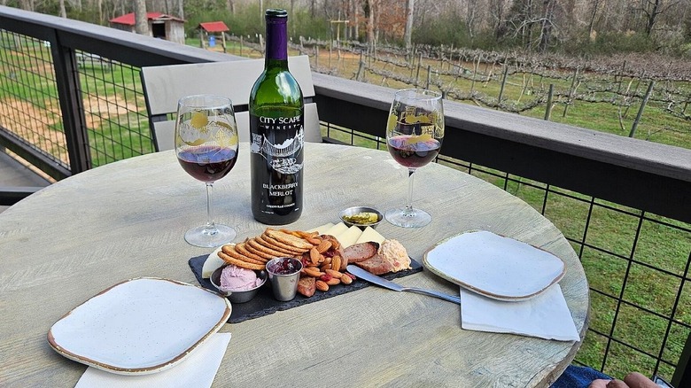 A cheese board with almonds, crackers, and pickles with two white plates, bottle of City Scape Blackberry Merlot with two filled glasses, on a table on a patio, overlooking vines with new growth.