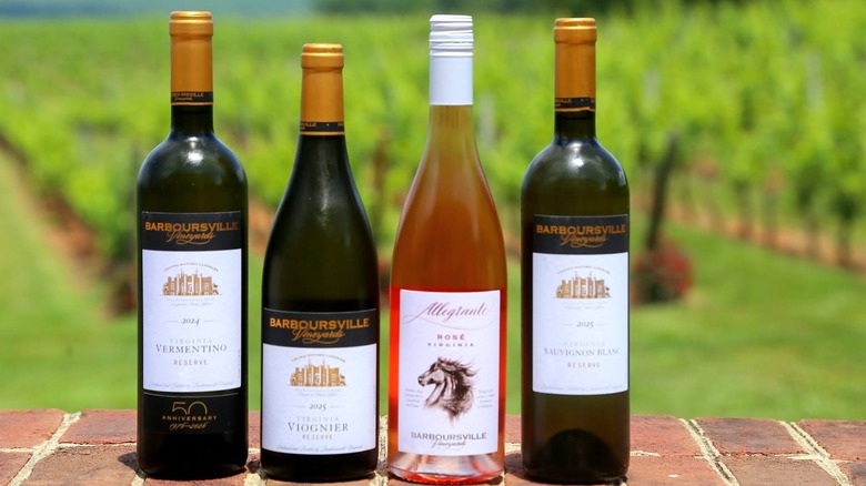 Four Barboursville Vineyards wine bottles on top of a low brick wall, with the vineyards in the background.