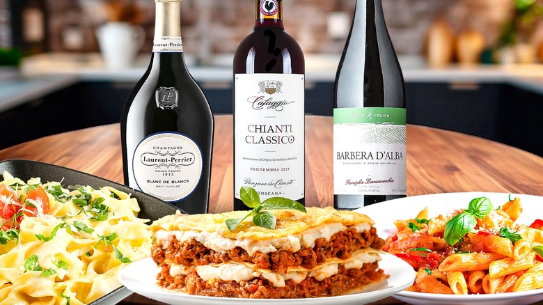 Wine bottles and pasta dishes