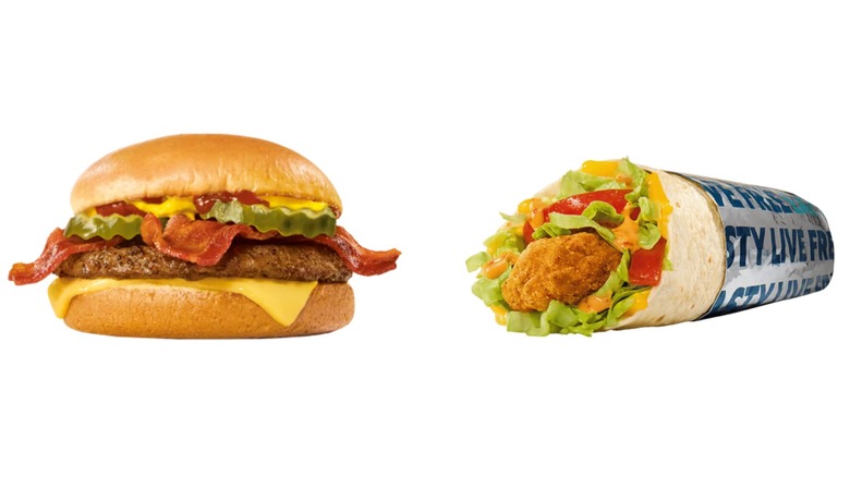 Split screen of Sonic's Jr. Bacon Cheeseburger and Baja Chicken Tender Wrap