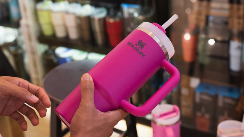Person holding pink Stanley Quencher