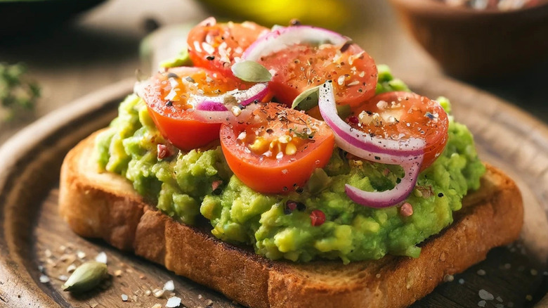 plate of avocado toast with tomatoes and red onions on top