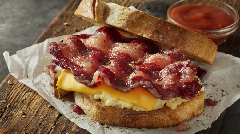 An egg sandwich on sliced baguette with bacon and cheese