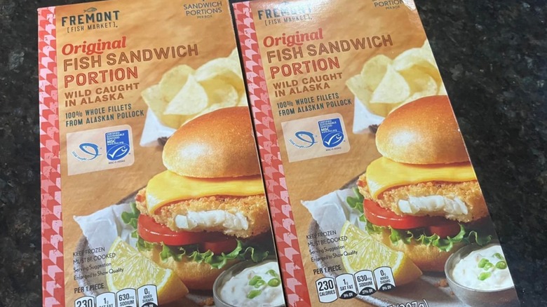 Two different boxes of Aldi's Fremont Fish Market Alaskan pollock offerings