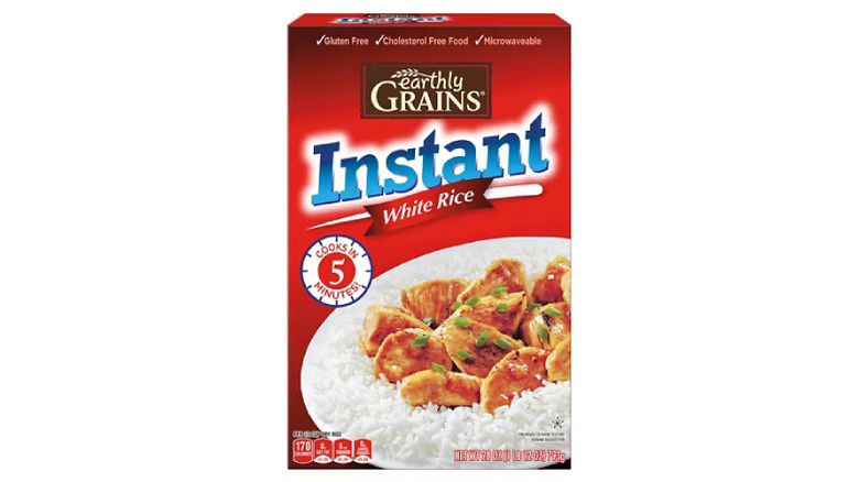 Red box of Earthly Grains Instant White Rice on white background