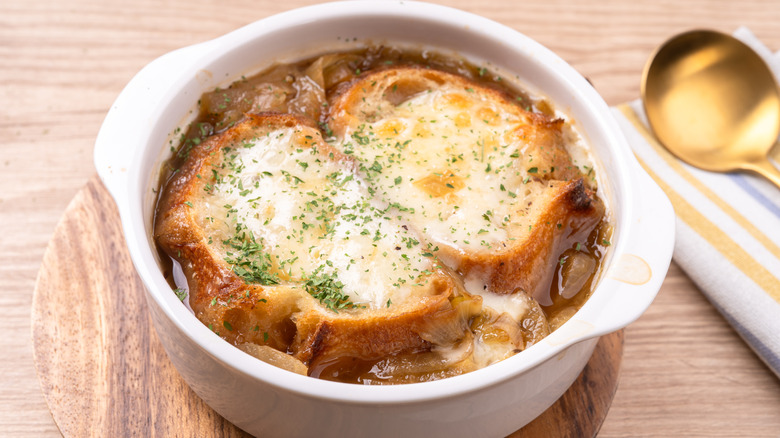 French onion soup in white bowl