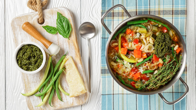 Pot of vegetable soup next to bowl of pistou, fresh green beans, and wedge of Parmesan