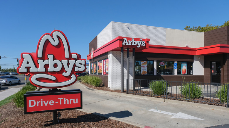 Sunny entrance to Arby's drive-thru window