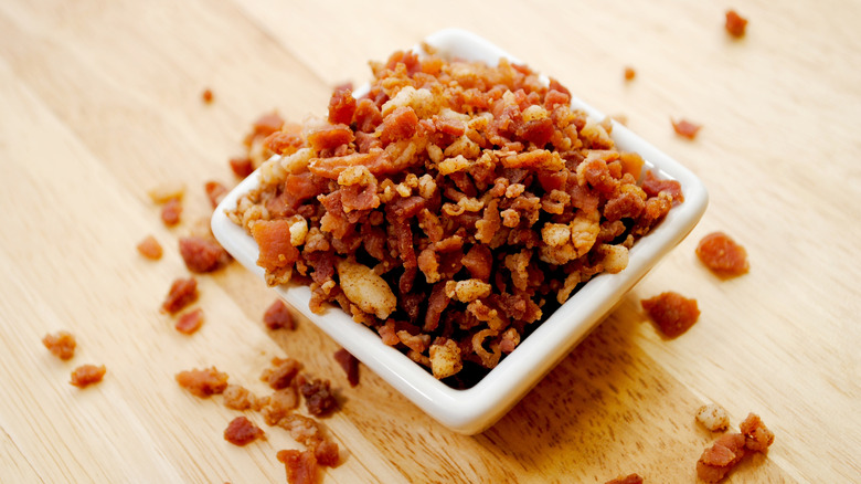 Bowl of bacon bits on a table