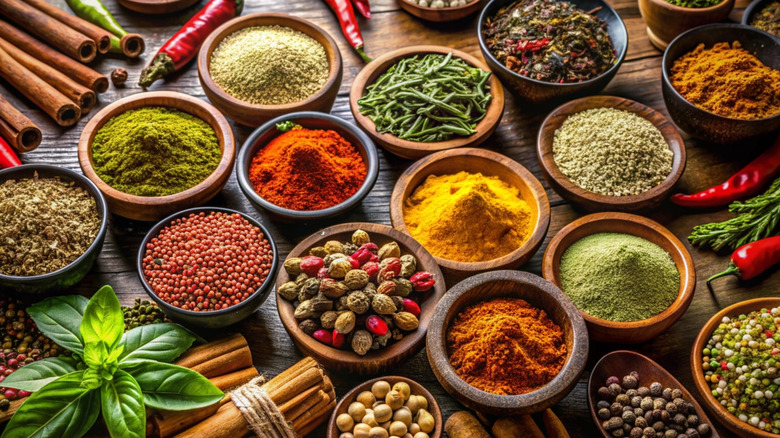 a variety of ground spices in terracotta dishes