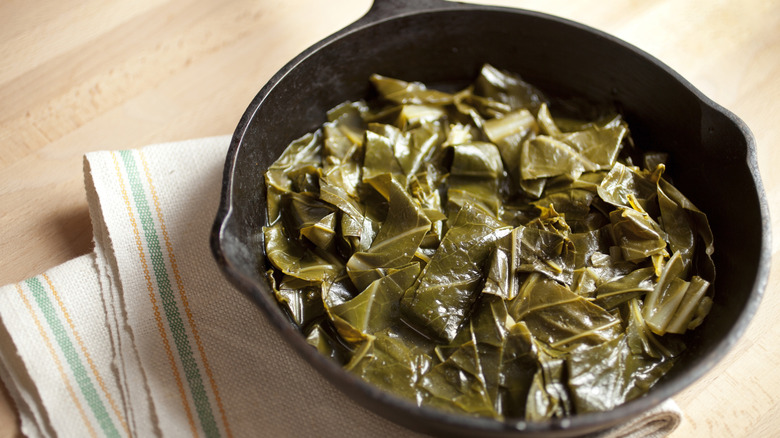 collard greens in cast iron pan