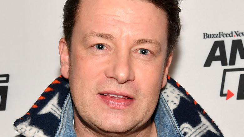 Jamie Oliver in jean jacket with printed collar