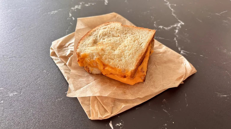 Panera grilled cheese on a paper napkin