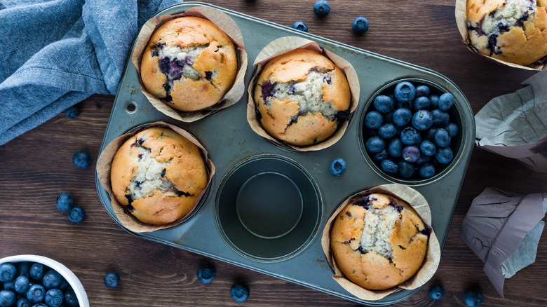 blueberry muffins in tin