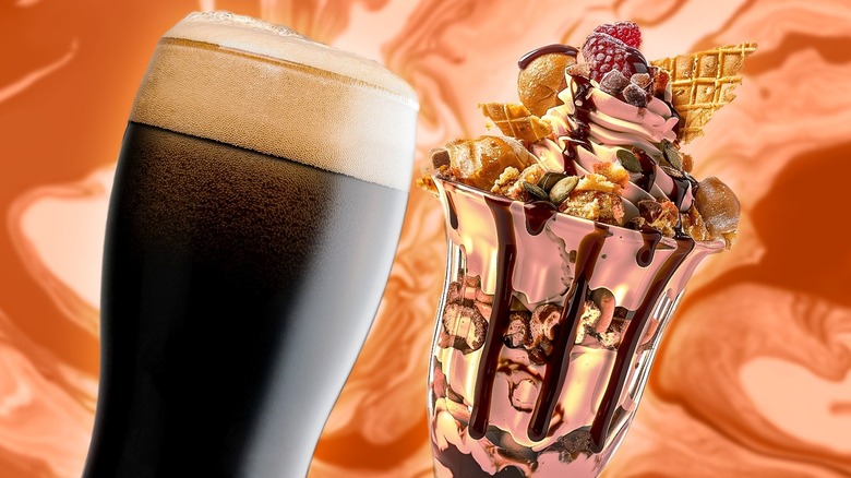 A glass of beer next to an ice cream sundae