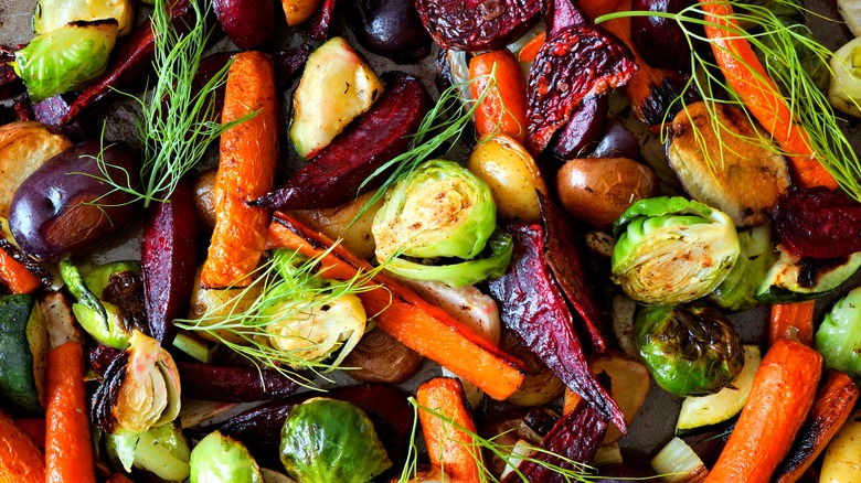 Close up of various roasted vegetables