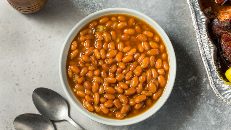 Bowl of homemade baked beans.