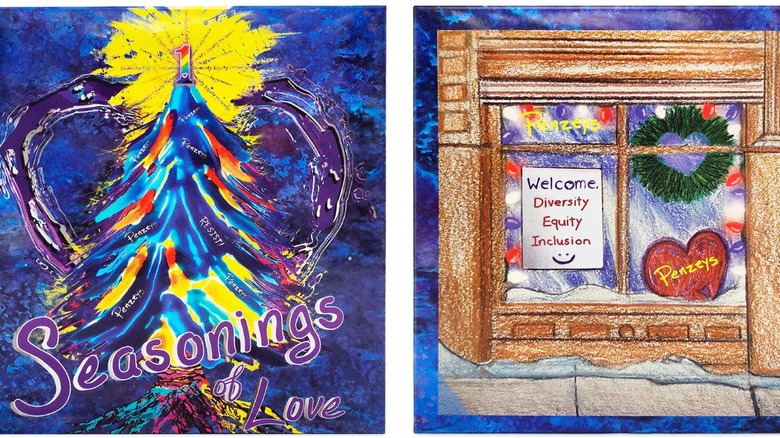 the front and back covers of Penzeys advent calendar, hand drawn