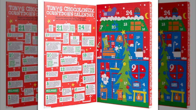 The inside of the open advent calendar, with text corresponding to each box on the left side
