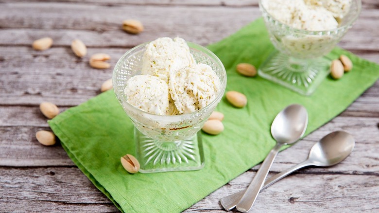 Pistachio ice cream in small bowl