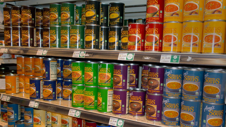 Grocery store display of Amy's canned soups