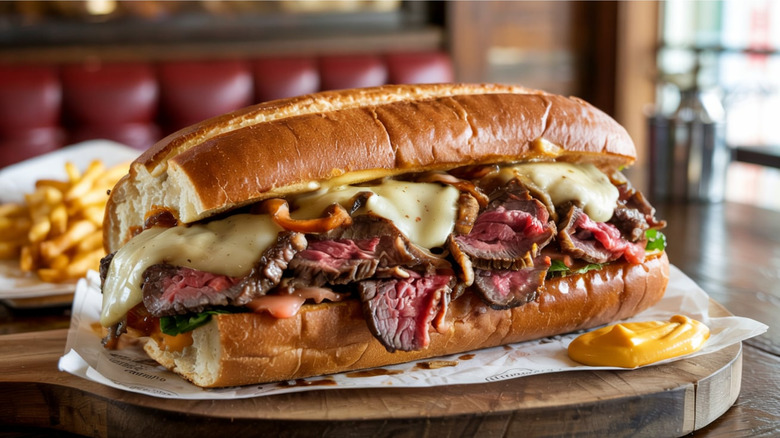 Philly cheesesteak sandwich on wooden board near fries